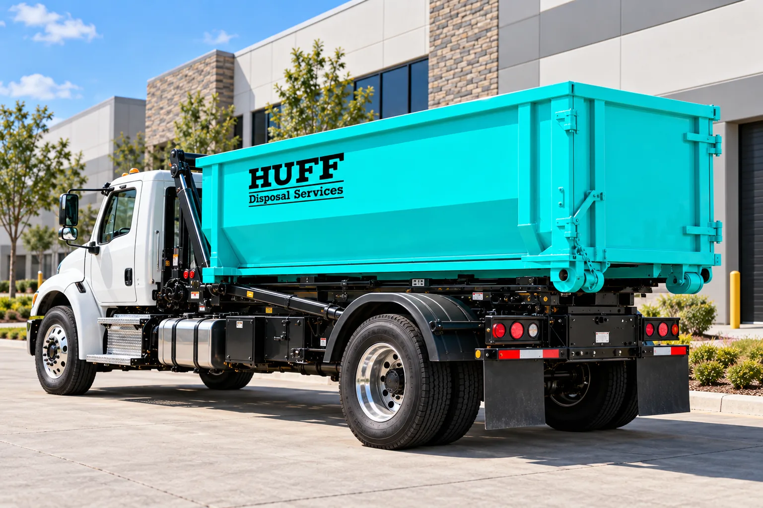 Huff Disposal roll off truck carrying a dumpster