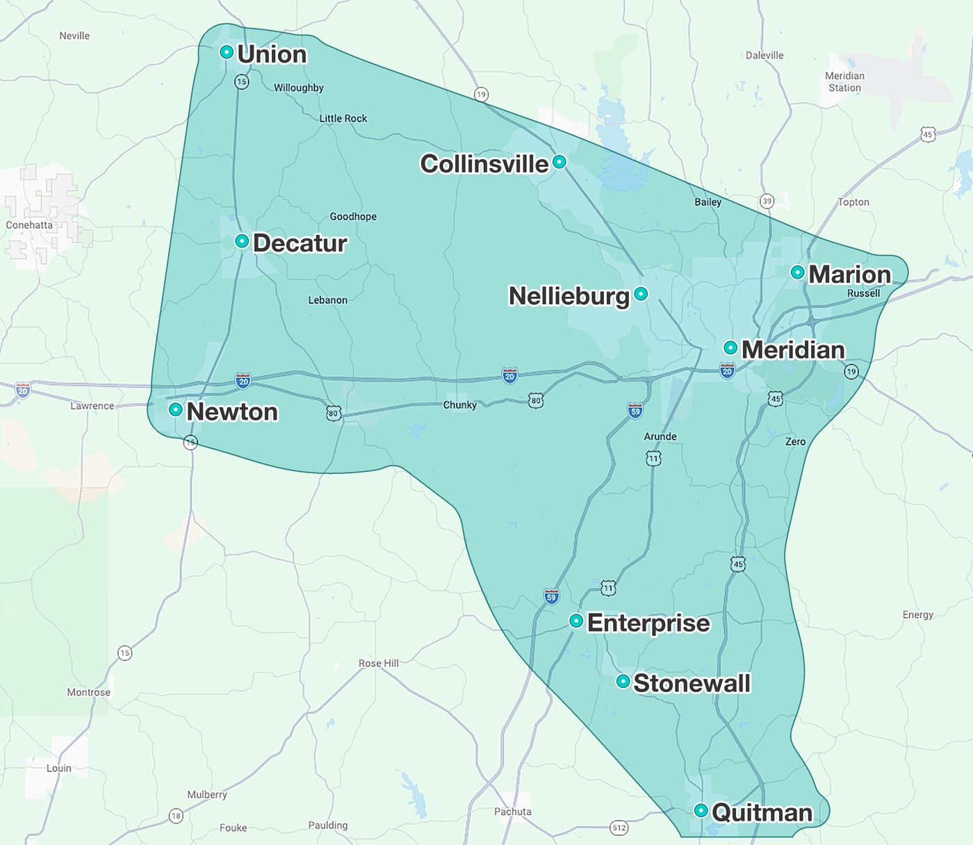 Huff Disposal service area map covering Meridian, Marion, Collinsville, Decatur, Newton, Union, Enterprise, Stonewall and Quitman, MS